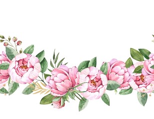 seamless ornament of delicate pink flowers peonies watercolor illustration on a white background. hand painted for wedding invitations, decor and design