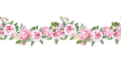 Obraz na płótnie Canvas seamless ornament of delicate pink flowers peonies watercolor illustration on a white background. hand painted for wedding invitations, decor and design