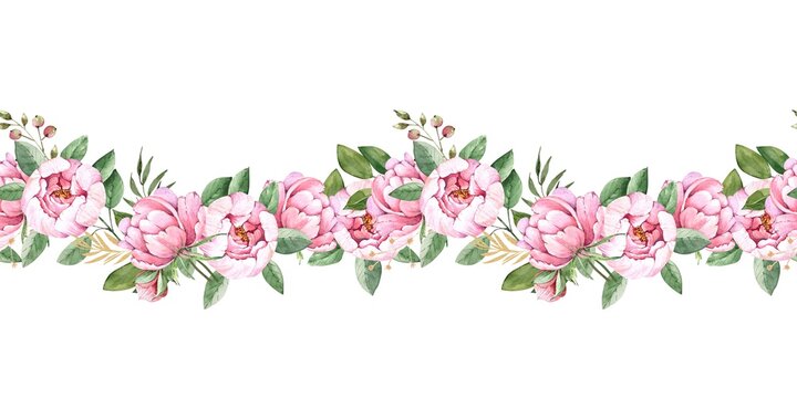 seamless ornament of delicate pink flowers peonies watercolor illustration on a white background. hand painted for wedding invitations, decor and design