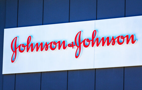 Johnson and Johnson sign at multinational corporation office in Silicon Valley. J&J corporation is headquartered in New Brunswick, New Jersey - Milpitas, CA, USA - 2020