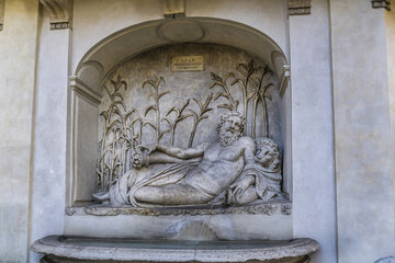 View of San Carlino church. Church of San Carlo alle Quattro Fontane (Saint Charles at Four Fountains, 1646), also called San Carlino - Roman Catholic Church in Rome. Lazio, Italy.