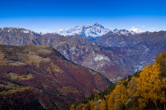 Panorama of Valsesia with Monte Rosa in autumn. Italian Alps.