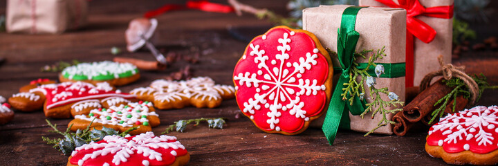 gingerbread christmas festive table holidays party new year gift tasty serving size top view copy space for text food background rustic gluten free