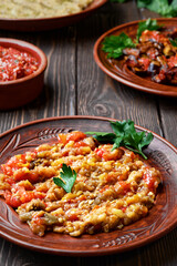 Dish of Turkish or Caucasian cuisine (Abu Ganush, Baba Ganush, Ajapsandali). Grilled vegetables, peeled, chopped, mixed with olive oil. Vegetarian food or sauce for main course with meat, close-up