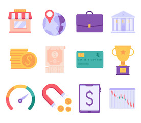 Set with geolocation, coins, bank, chart, analysis, sales, magnet. Concept of banking service, investments, making money, business, income, additional earnings. Vector illustration in flat design