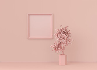 Interior room in plain monochrome light pink color with single plant and single square picture frame. Light background with copy space. 3D rendering