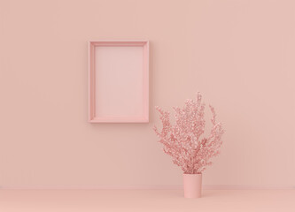 Interior room in plain monochrome light pink color with single plant and single picture frame. Light background with copy space. 3D rendering
