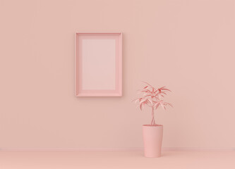 Interior room in plain monochrome light pink color with single plant and single picture frame. Light background with copy space. 3D rendering