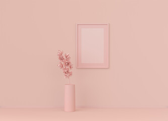 Single vertical poster frame with frame mat  and single flower in flat pinkish color room, monochrome concept, 3d rendering