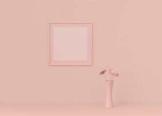 Single square poster frame with frame mat and single flower in flat pinkish color room, monochrome concept, 3d rendering