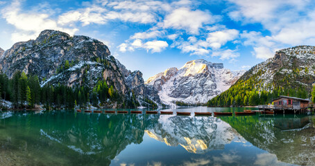 Panorama landscape of Lago di Braies in dolomite mountains