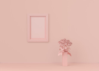 Single vertical poster frame with frame mat and single flower in flat pinkish color room, monochrome concept, 3d rendering