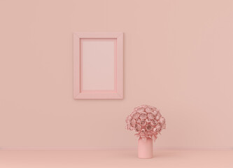 Single vertical poster frame with frame mat and single flower in flat pinkish color room, monochrome concept, 3d rendering