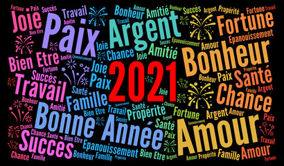 Bonne année 2021 nuage de mots concept 