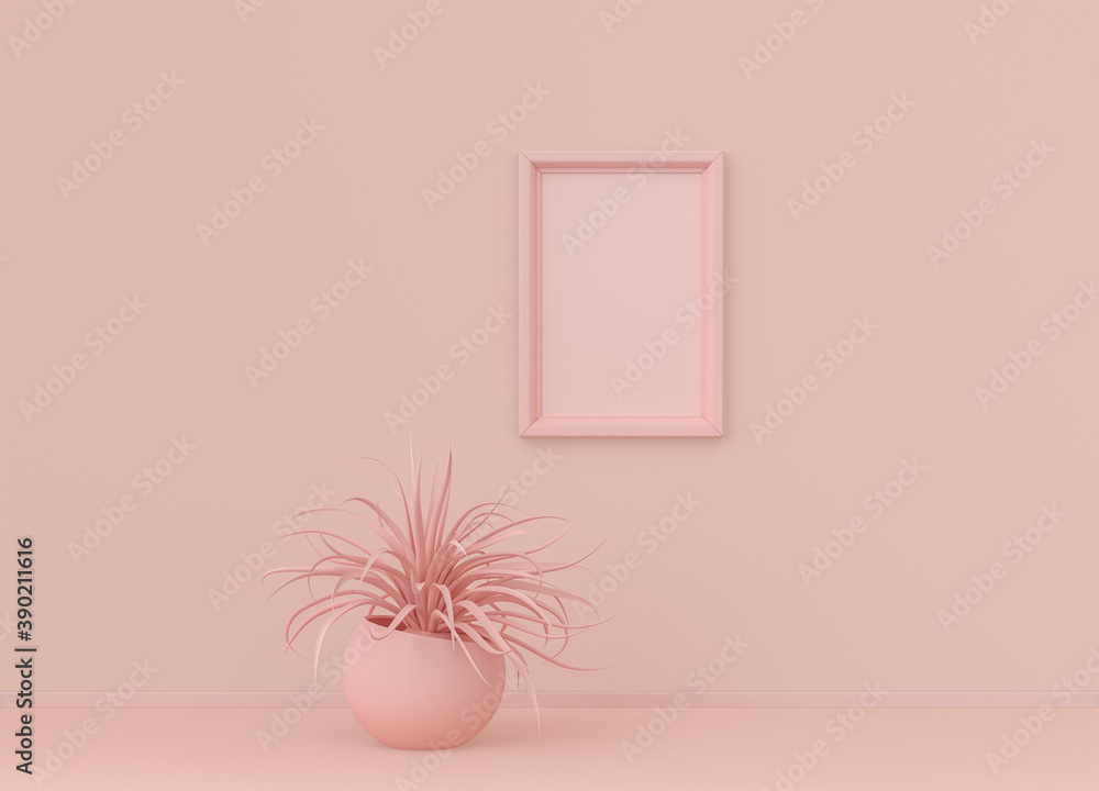 Poster interior room in plain monochrome light pink color with single plant and single vertical picture fra