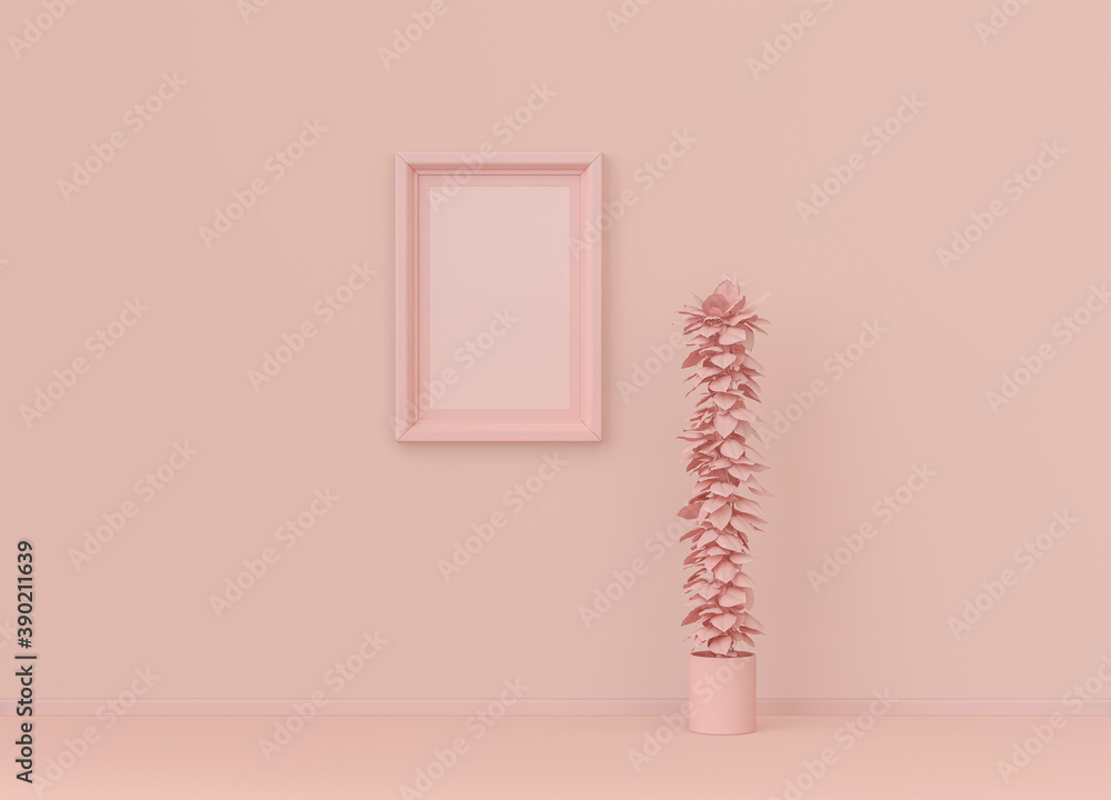 Poster interior room in plain monochrome light pink color with single plant and single vertical picture fra