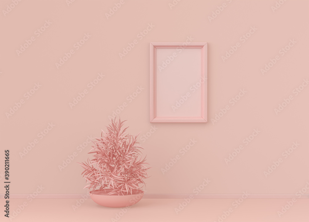 Poster interior room in plain monochrome light pink color with single plant and single vertical picture fra