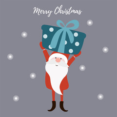 Christmas greeting card with cute gnome and gift. Vector illustration.