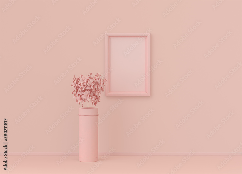 Poster interior room in plain monochrome light pink color with single plant and single vertical picture fra