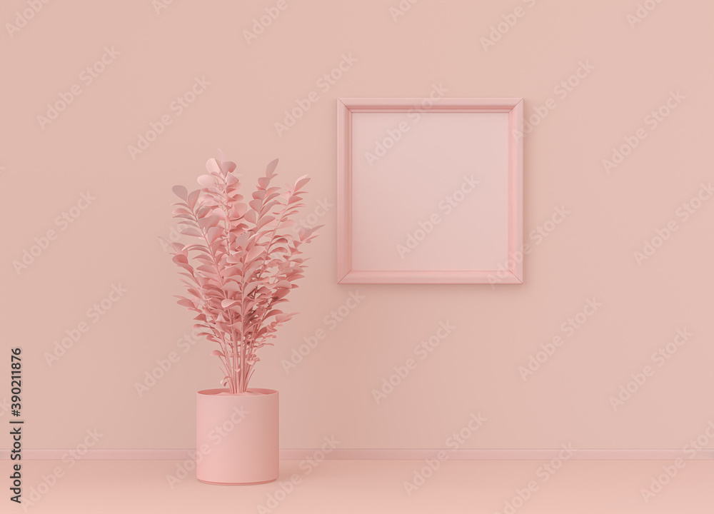 Poster interior room in plain monochrome light pink color with single plant and single square picture frame