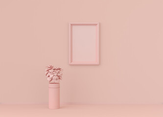 Interior room in plain monochrome light pink color with single plant and single vertical picture frame. Light background with copy space. 3D rendering
