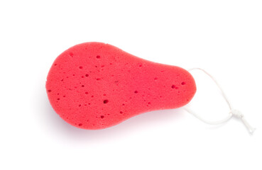 Washcloth on a white background, top view. Accessories for the bathroom. The concept of a healthy lifestyle.