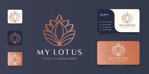 Fototapeta na wymiar minimalist logo lotus line art beauty design template with business card. Premium vector