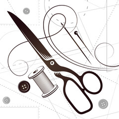 Scissors needle and thread silhouette for cutting and sewing