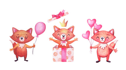 Cute watercolor foxes for birthday party. Set of characters on white. Animals for celebrations