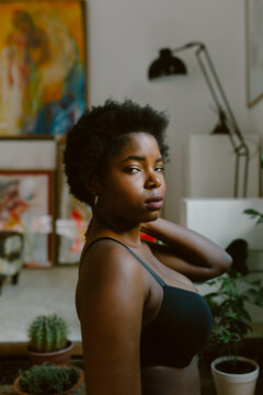 Beautiful afro plus-size woman in underwear.