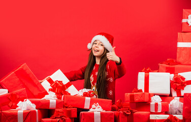 Child happy girl find gifts christmas tree. Merry christmas. Happy childhood concept. Happiness and...
