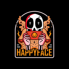 Skull in hype style holding money with smile emoji, with happy face typography, illustration with hipster style. Vector graphics for t-shirt prints and other uses.