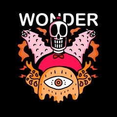 Skull, monster with one eye, and two beast with wonder typography, illustration with hipster style. Vector graphics for t-shirt prints and other uses.