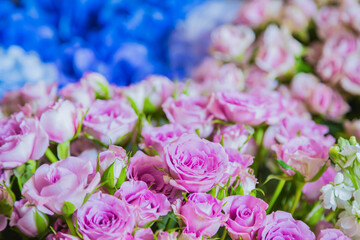 Colorful beautiful flowers bouquet - roses at studio, flower shop - close up view. Floristry, romantic, holiday, birthday, valentine day, wedding, celebration concept