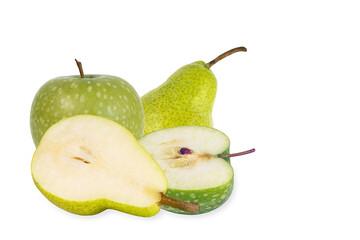 Halves and whole ripe delicious apples and pears isolated on white background