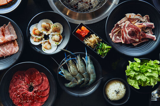 Assortment of colorful Asian food in restaurant
