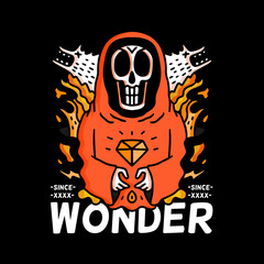 Skull wearing hoodie in hype style and holding diamond with wonder typography, illustration with hipster style. Vector graphics for t-shirt prints and other uses.