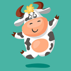 A cute funny black and white spotted сow bounces. Cartoon vector illustration