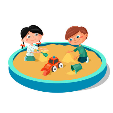 A boy and a girl of preschool age are playing in the sandbox. Vector illustration isolated on white background.