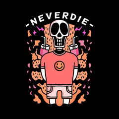 Skull in hype style and drinks behind, with never die typography, illustration with hipster style. Vector graphics for t-shirt prints and other uses.