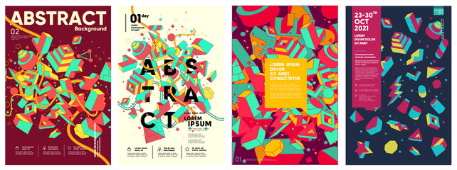 Vector graphics. Set of abstract posters. Geometrical figures are chaotically scattered in the background.
