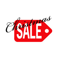 Rebajas de Navidad. Logotipo con texto Christmas y caligrafía Sale en etiqueta de precio en color rojo