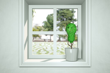 Small plant in pot on window as a plant shaped bulb at sunny day. Business consept. 3d Render
