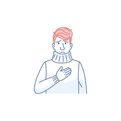 Chest pain symptom flat line icon. Sick young man has heart attack isolated on white. Difficulty breathing. Shortness of breath Corona virus disease flu sign Medical people outline vector illustration