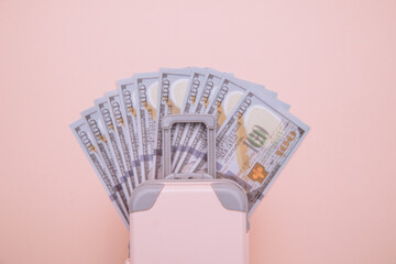 Mini travel luggage suitcase and money banknotes on pink background close-up. Savings for traveling concept.