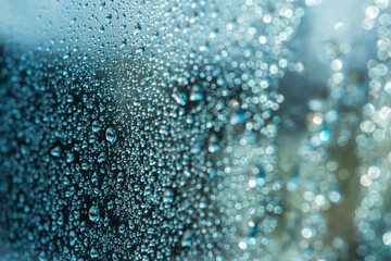 Abstract background with raindrops and beautiful blue bokeh. The concept of autumn and the cold stormy weather. Texture of macro drops on the blurred background of the window. Loneliness sadness