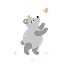 Obraz na płótnie Canvas Cute bear cub in a crown with a butterfly. Childish vector cartoon illustration. Pastel tender colors. Suitable for clothes, prints, cards, posters, nursery, baby room etc. 