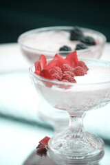 Creative food photography concept. Raspberry smoothie.  Healthy vegetarian food. 