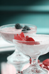 Creative food photography concept. Raspberry smoothie.  Healthy vegetarian food. 