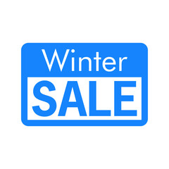 Rebajas de invierno. Logotipo con texto Winter Sale en etiqueta en color azul y blanco